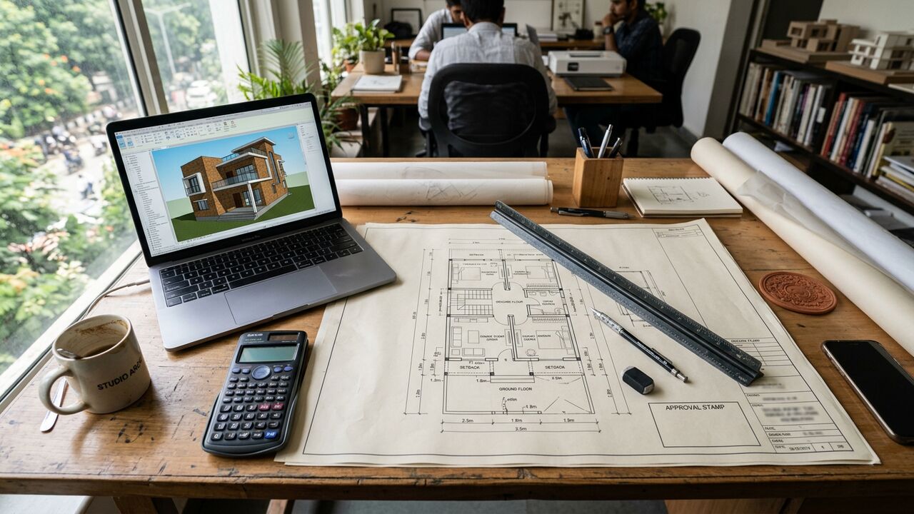 Architect reviewing a stamped building plan approval drawing for a residential plot in Odisha