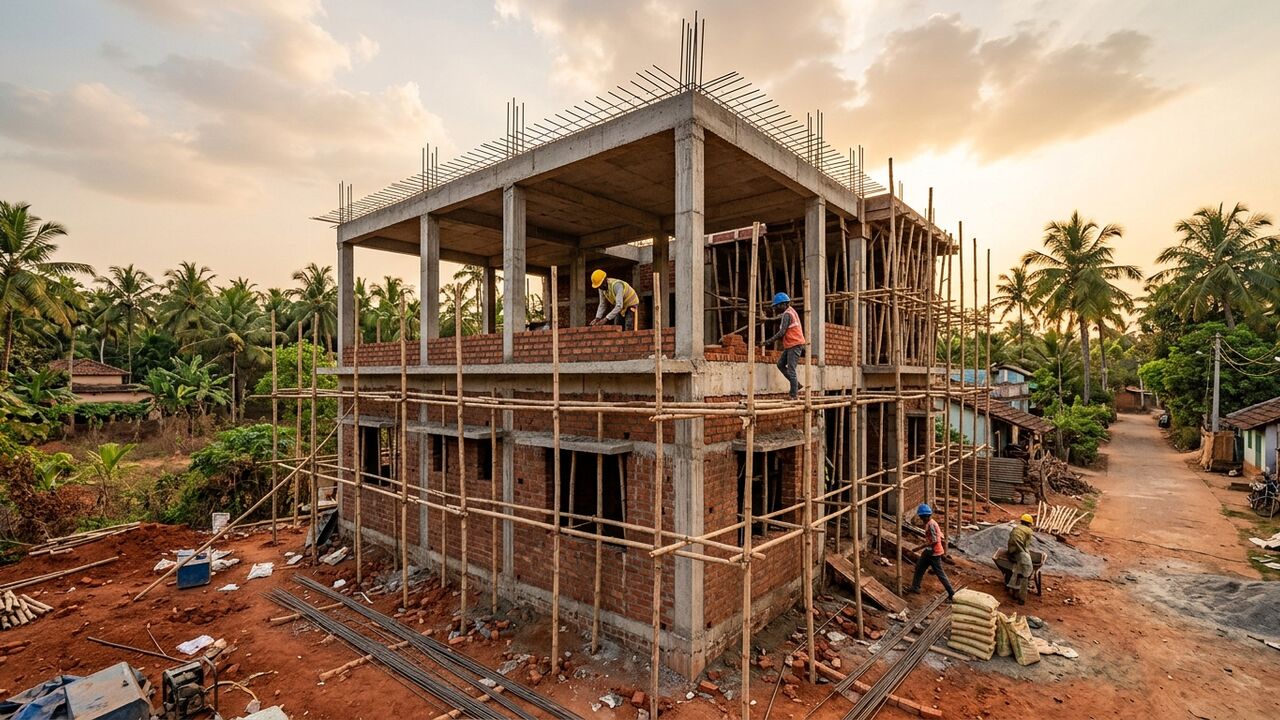 RCC frame of a G+1 house under construction near Bhubaneswar with brick infill and bamboo scaffolding