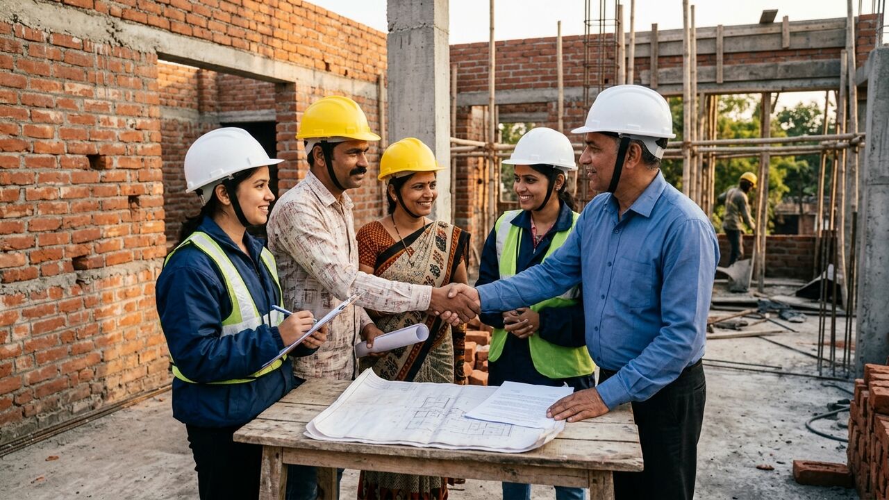Homeowner and contractor reviewing a construction agreement and drawings at a site in Odisha