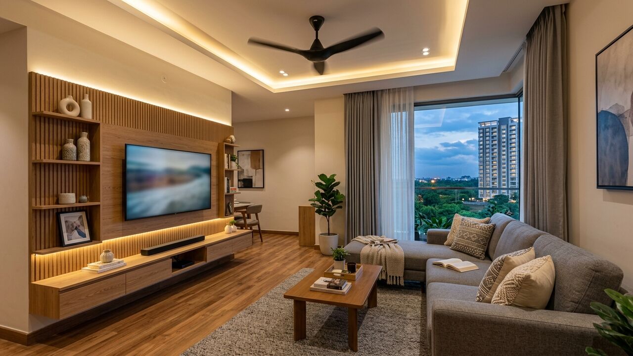 Modern 3BHK apartment living room interior designed by MoGhara in Chandrasekharpur, Bhubaneswar
