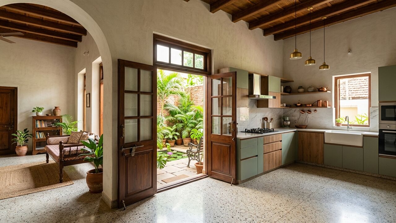 Renovated narrow-plot heritage home interior in old Cuttack with modern kitchen designed by MoGhara