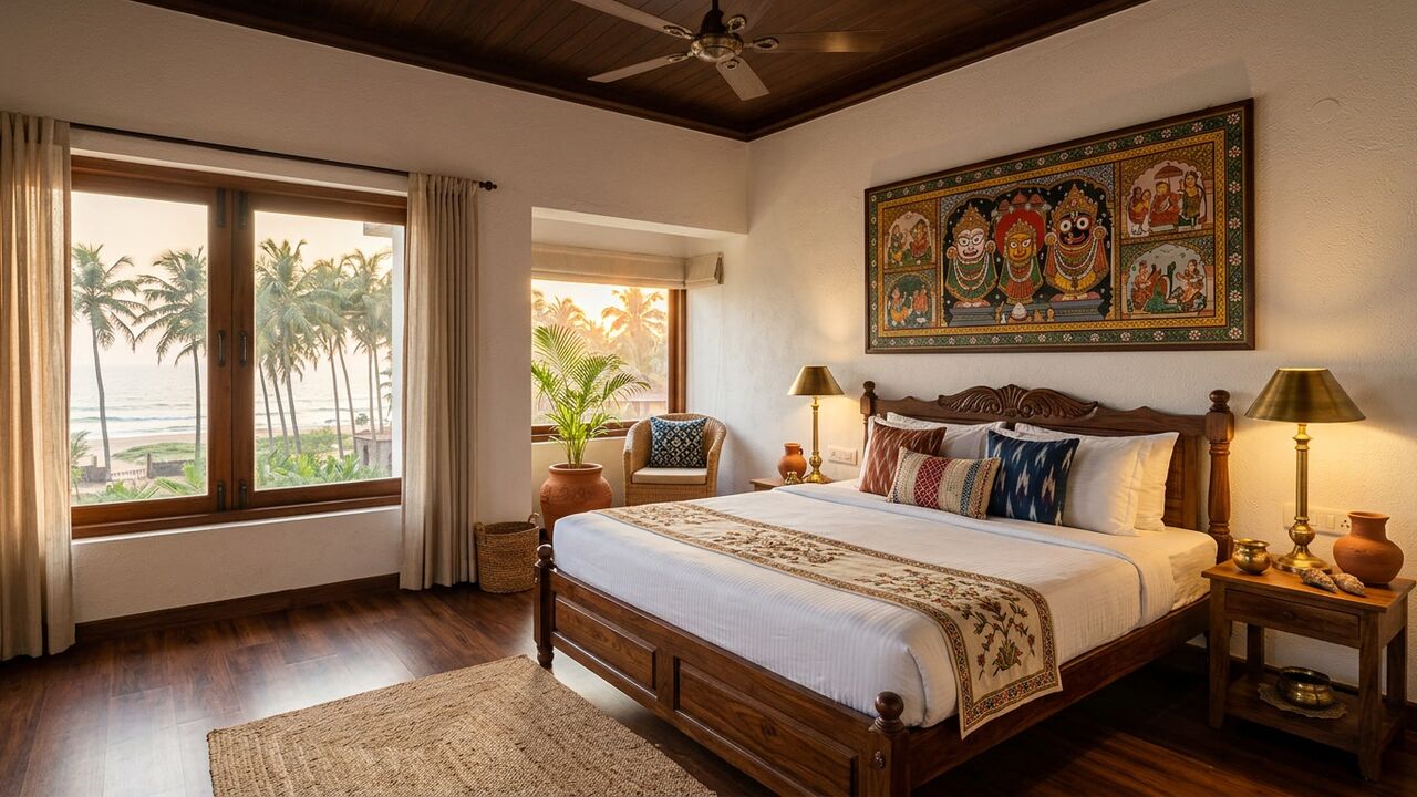 Coastal-style homestay bedroom with stainless fittings and sea view designed by MoGhara in Sipasarubali, Puri