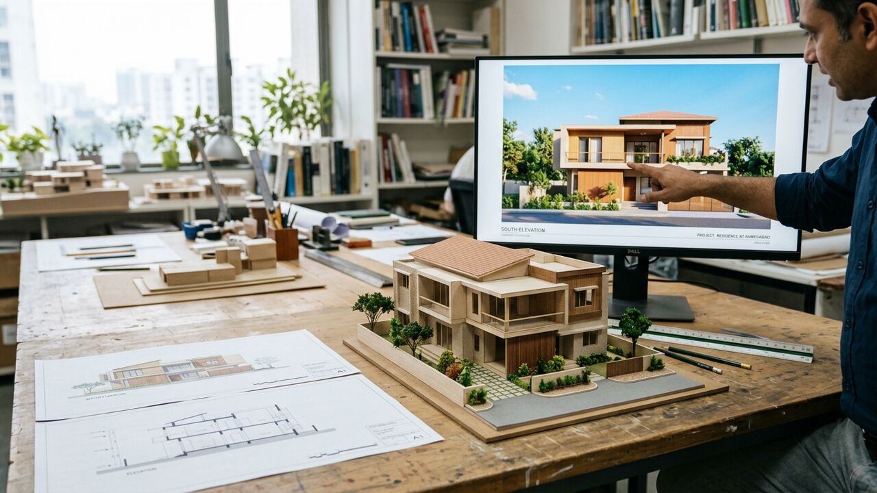 Architect reviewing a 3D elevation render and floor plan of an Odisha duplex on a drafting table